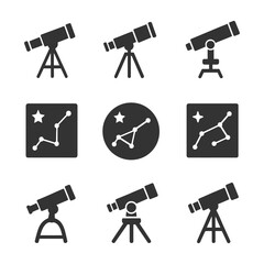 Set of telescope and star constellation icons in black and white design.