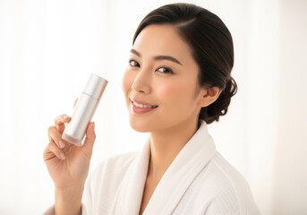 Natural Beauty Woman Holding Skincare Serum Bottle