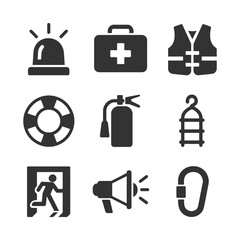 Fototapeta premium Emergency and safety equipment icons: siren, first aid, life vest, lifebuoy.