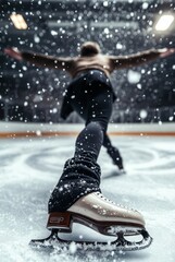 Figure skater performing spin on ice rink with snow indoors