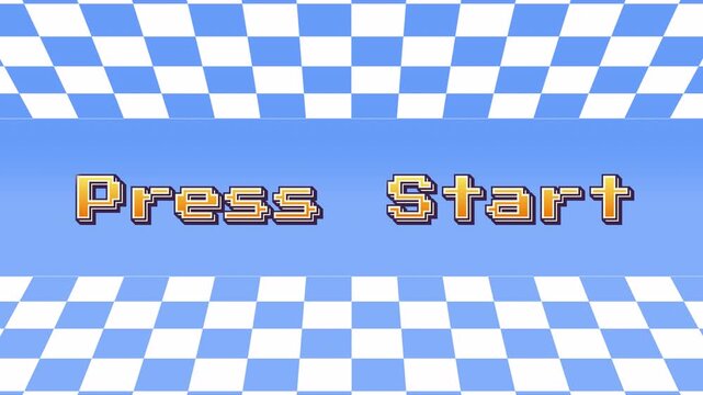Retro yellow Press Start text on blue and white chess pattern background .  for retro gaming UI, vintage game screens. 4k animation