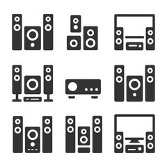 Set of nine black audio speaker system icons for home entertainment.