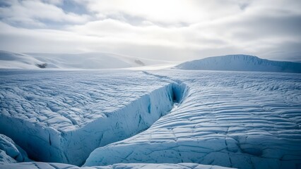 A dramatic close-up of a deep blue crevasse cutting through a vast, textured ice field. The intricate patterns of the snow and the sheer depth of the crack showcase the powerful geological forces