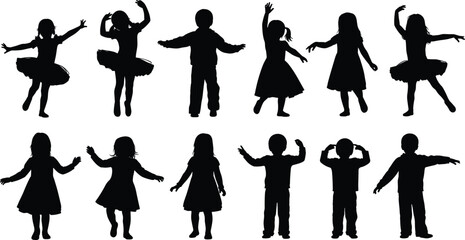 Fototapeta premium Child dancer silhouette illustration set, ballet and expressive poses, tutus, movement gestures, black vector icons, isolated
