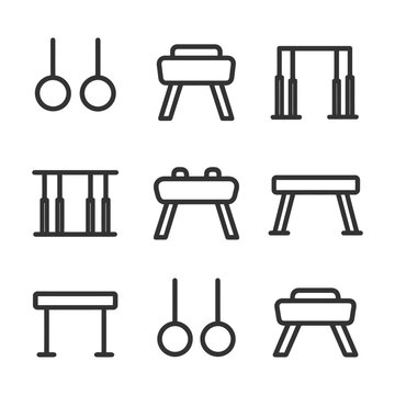 Black and white gymnastics icon set featuring rings, pommel horse, and parallel bars.