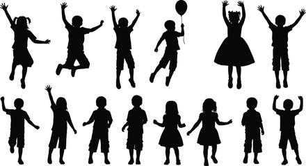 Obraz premium Children silhouette illustration set, playful poses, jumping, walking, balloon, dress, expressive stances, black vector icons, isolated