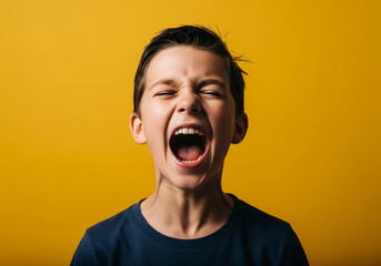 Emotional Portrait of Boy Screaming on Yellow Background