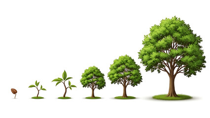 Tree growth stages from seed to mature tree on white background