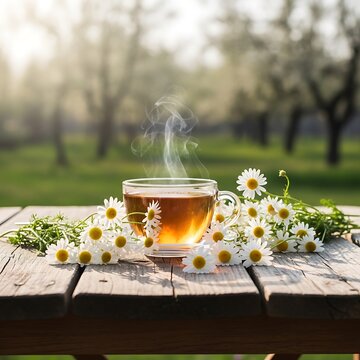 Aromatic chamomile tea in a garden setting with flowers.
