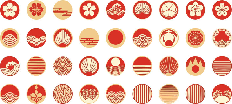 Traditional Japanese Circular Motifs Set with Seigaiha Waves, Sakura Flowers and Oriental Emblems.