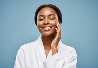 Smiling Woman with Healthy Glowing Skin in Skincare Routine