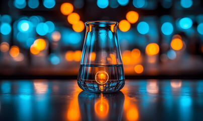 Erlenmeyer flask with liquid, reflecting orange and blue bokeh l