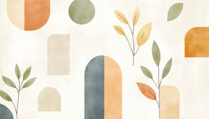 Abstract pattern with geometric shapes and delicate leaves in muted orange, green, and beige tones, creating calm and natural atmosphere with soft textured background
