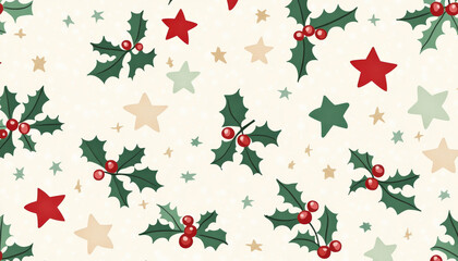 Seamless pattern with green holly leaves and red berries combined with red and beige stars on light background creating festive and cheerful holiday design