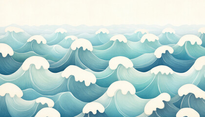 Seamless pattern featuring ocean waves with soft white foam cresting over blue water in repetitive design creating calming and rhythmic visual effect