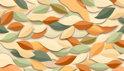 Seamless pattern with earthy tones featuring abstract leaves in soft green, beige, orange, and brown shades creating warm and natural decorative background