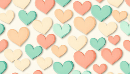 Seamless pattern with overlapping hearts in soft pastel colors including peach, mint green, and cream, creating gentle and romantic background texture