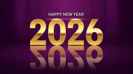 Golden 2026 numbers with reflection on purple stage background happy new year