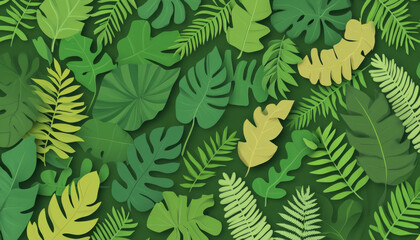 Seamless tropical leaves pattern with various green and yellow palm and fern leaves creating lush and vibrant botanical background full of natural beauty