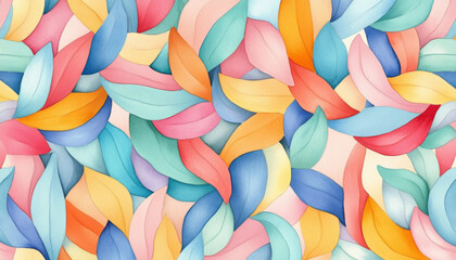 Colorful seamless pattern with overlapping soft leaves in pastel shades, creating harmonious and soothing abstract design with watercolor texture effect