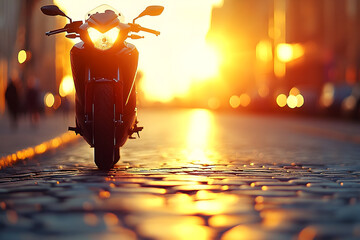 Sunset Silhouette of Motorcycle on Cobblestone Street