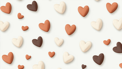 Simple yet charming seamless pattern with hearts in brown, beige, and terracotta colors on white background, creating warm and cozy feeling for design projects