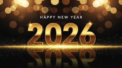 Happy new year 2026 golden numbers with horizon light reflection