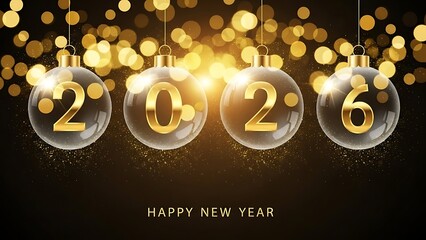 Happy new year 2026 greeting with hanging glass baubles