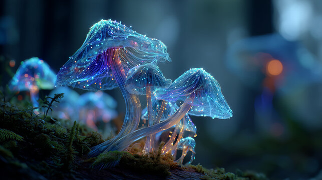 Futuristic bioluminescent mushroom forest glowing with data network patterns in dark nature