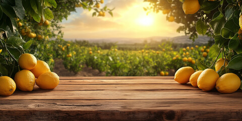 A pile of fresh ripe lemons placed on a rustic wooden table with a beautiful lemon orchard in the background glowing under warm morning sunlight. This image conveys freshness, organic farming