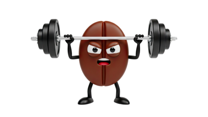 3D Angry coffee bean lifting weights on transparent background