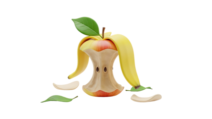 3D Apple core with banana peel and leaves on transparent background