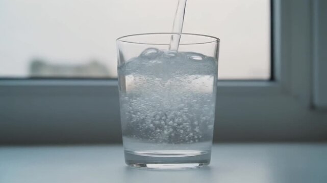 Clear glass filled with water resting on a white windowsill with soft natural light