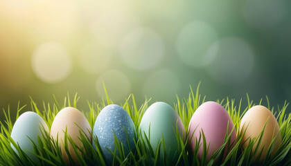  Pastel-colored Easter eggs on gentle green backdrop for banner template