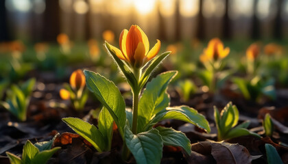 First spring flowers in forest, early bloomers in woods