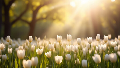 White tulips in field, morning, spring seasonal scene