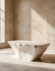  Cube of white marble with rough edges placed in beige room