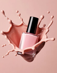 Nail polish in a range of delicate pastel shades floating on a pastel beige background, beauty and cosmetics
