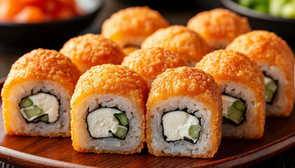 Grilled or Baked Sushi Platter on Dark Table Top View Japanese Restaurant Style