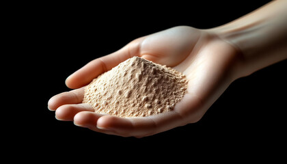 Beige Powder in Human Palm on Dark Background Fine Texture Cosmetic or Mineral