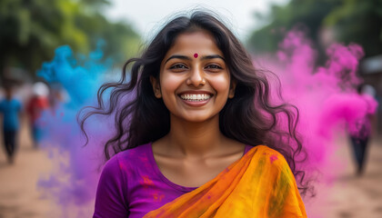 Happy Indian Woman Covered in Vibrant Colored Powder During Holi Festival