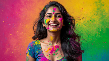 Woman Celebrating Holi Festival in Sari Smiling with Rainbow Colored Powder Hindu Culture