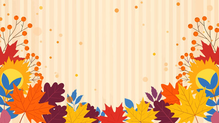 Obraz premium Autumn leaves border frame with vibrant fall colors along a soft striped beige background for seasonal designs