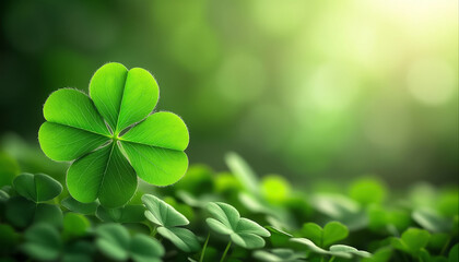Lucky Four Leaf Clover on Emerald Green Background Irish Festival Celebration