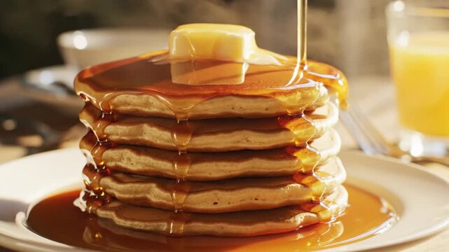 A Tall Stack of Fluffy Pancakes Drizzled with Golden Syrup and Topped with Melting Butter, Alongside a Glass of Orange Juice