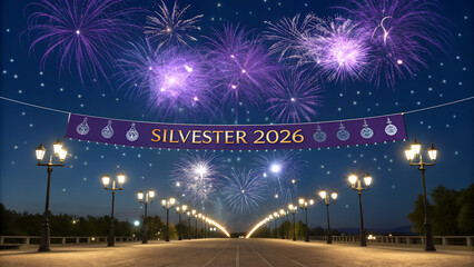 Silvester 2026, new year, new year's eve, party, new years eve background banner panorama long- purple firework fireworks display on dark blue night sky