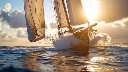 A sailboat cutting through ocean waves as the sun bursts through the sky