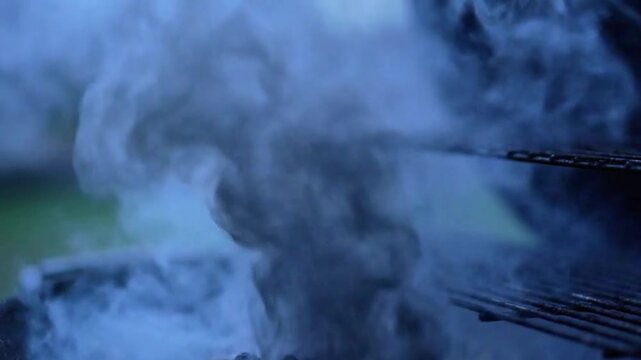 Smoke from a BBQ grill wafting across the screen, grey and blue tones, transition clip.