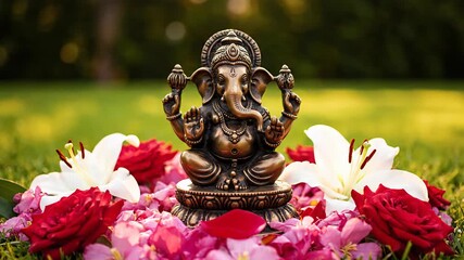 Serene Ganesha statue amidst flowers in a luxurious Hindu wedding scene in India.