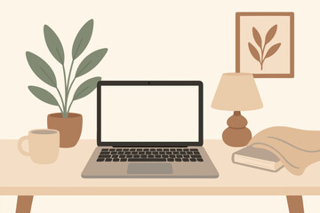Fototapeta premium Minimal Workspace with Laptop and Plant Illustration